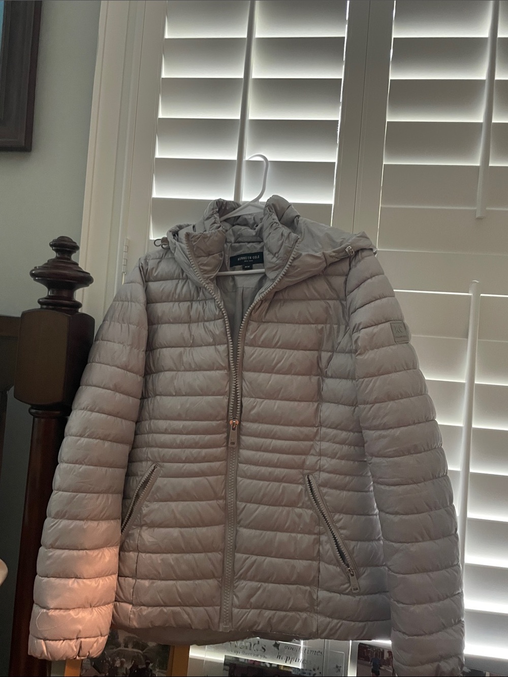 Kenneth Cole Light Gray Quilted Packable Puffer Jacket with Hood